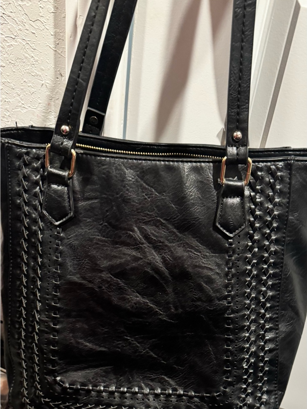 Madison West Black Woven-Trim Leather Tote